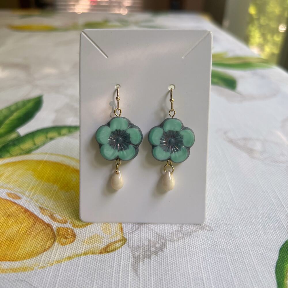 Czech Glass Turquoise Blue Hawaiian Flower Hibiscus Floral Boho Casual Earrings